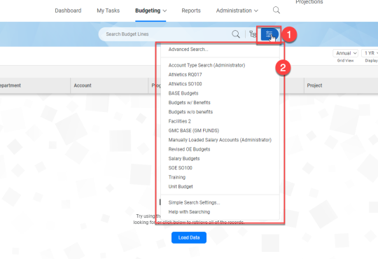 Advanced Search selection with previously saved searches (if they exist)